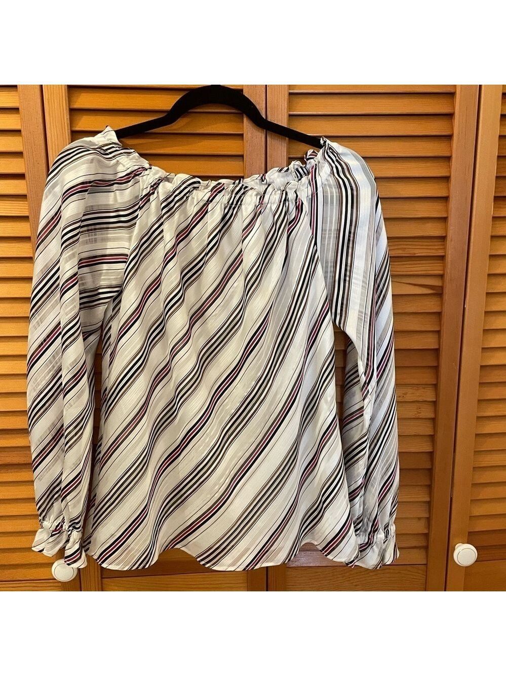 White House Black Market Blouse, Size S, Long Sheer Sleeves, Red, Black Stripes.